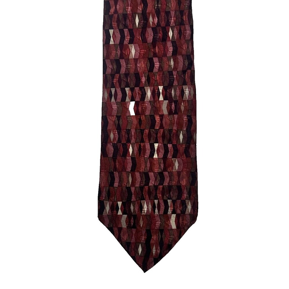 Milano Uomo Men’s 100% Silk Tie Burgundy Black Geometric Woven Necktie